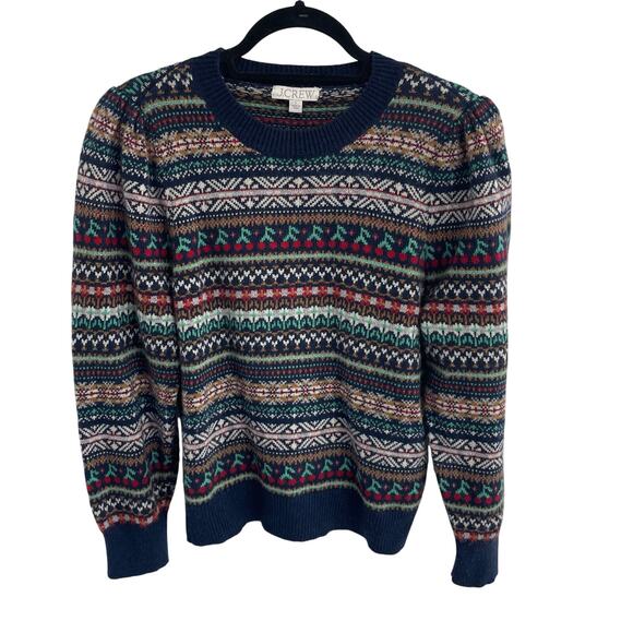 J. Crew Fair Isle Cherry Print Wool Blend Crewneck Sweater Navy Womens Large - Picture 1 of 6